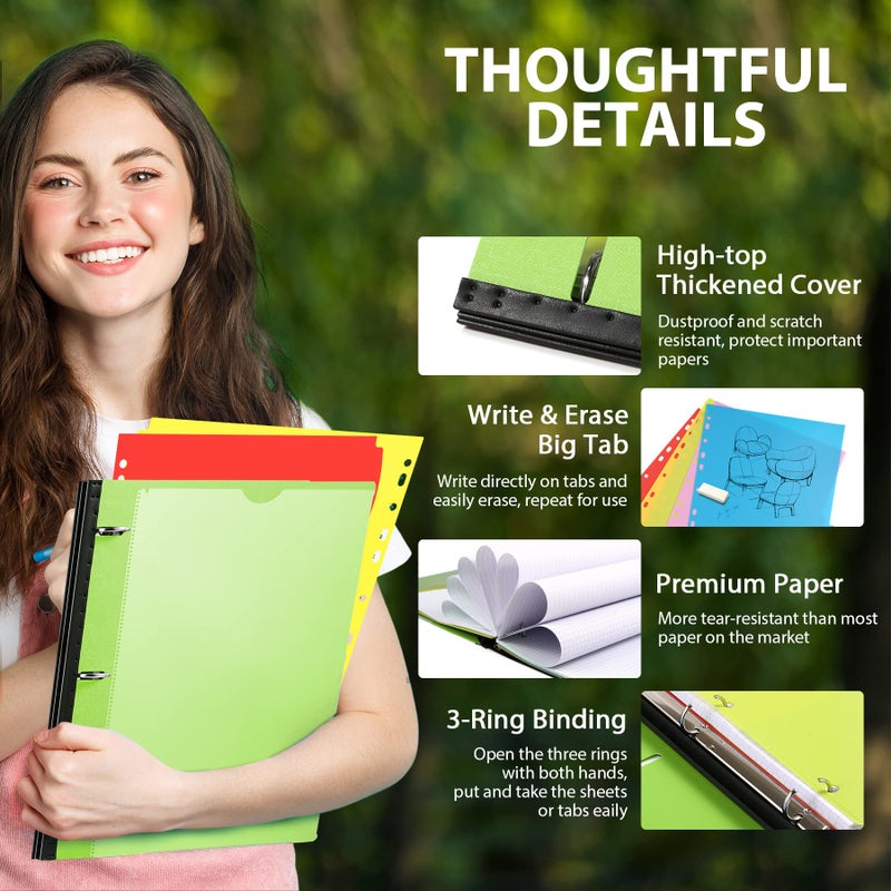 ووت آي WOT I 2-Pack Telescoping 3 Ring Binder Notebooks - غطاء قابل للتخصيص، 5 فواصل ومجلد جيب في منظم واحد رفيع (60 ورقة متضمنة)، أخضر - Image 3